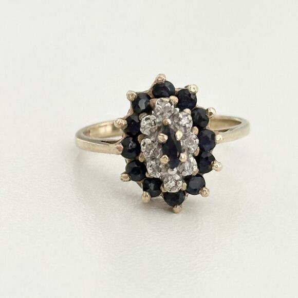 Vintage 10K Yellow Gold Sapphire & Diamond Halo Cluster Ladies Band Ring Size 6 - Picture 1 of 16
